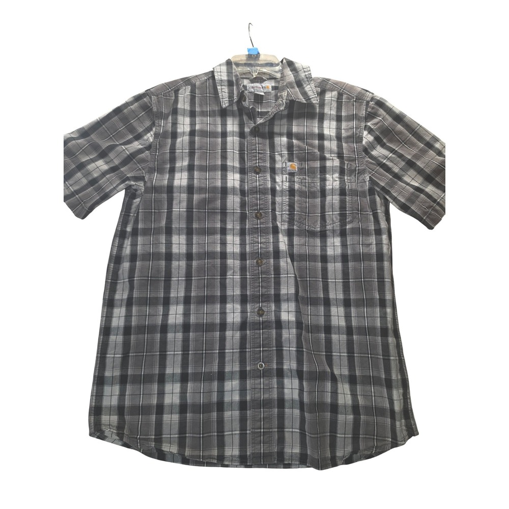 Carhartt Mens Gray Black Plaid Short Sleeve Button Down Work Shirt M Regular
